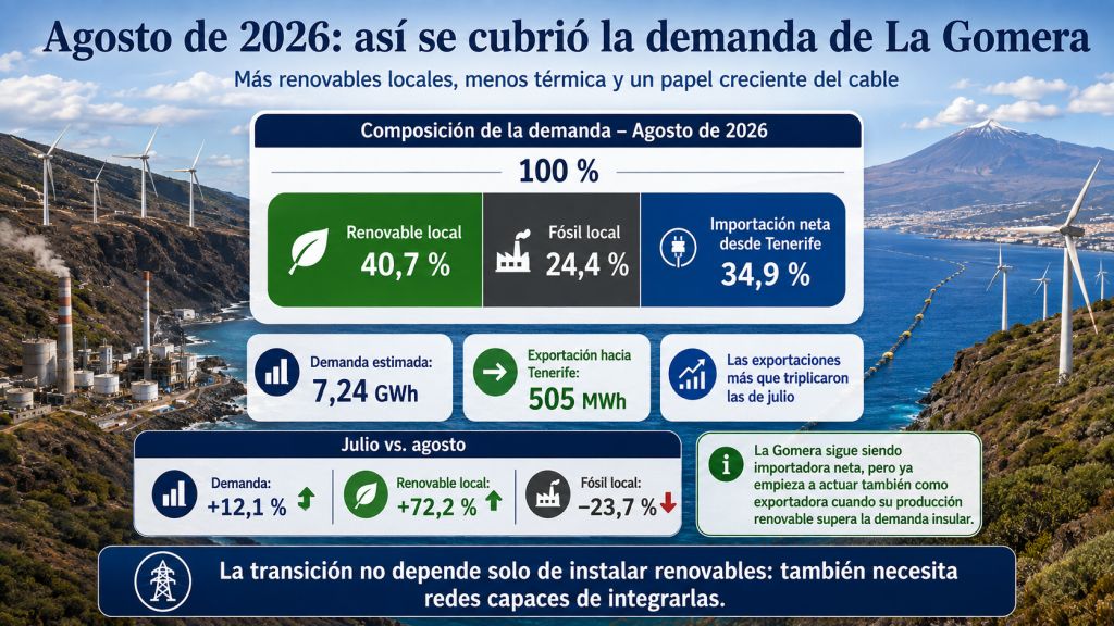Composición de la demanda eléctrica de La Gomera en agosto de 2026, con generación renovable local, generación fósil e importación neta desde Tenerife.
