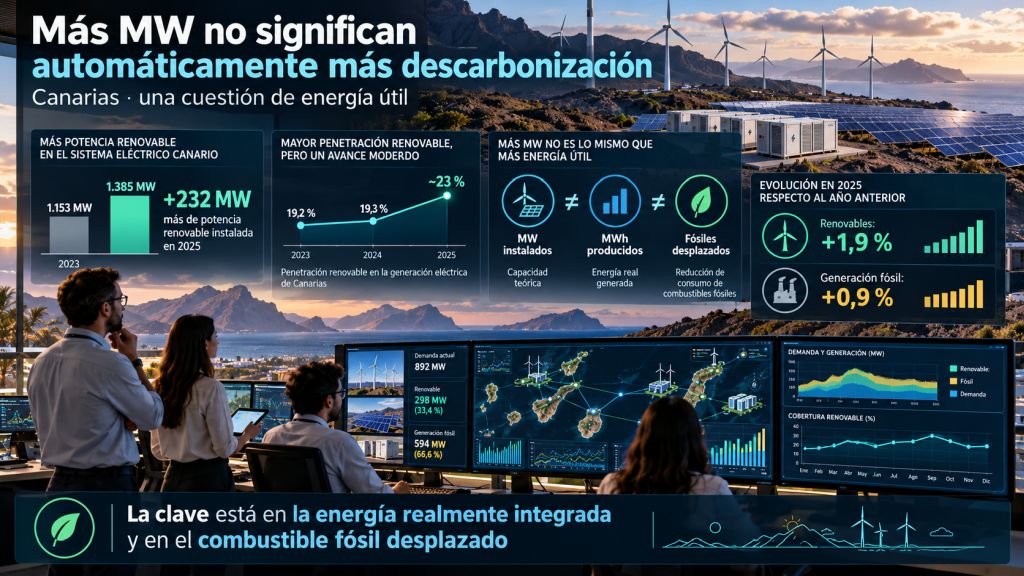Infografía sobre cómo el aumento de potencia renovable en Canarias no se traduce automáticamente en más energía útil ni en mayor descarbonización.