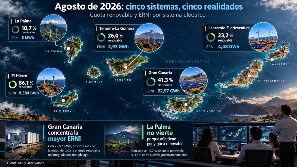 Mapa de Canarias con la cuota renovable y la energía renovable no integrable de Gran Canaria, Tenerife-La Gomera, Lanzarote-Fuerteventura, La Palma y El Hierro.