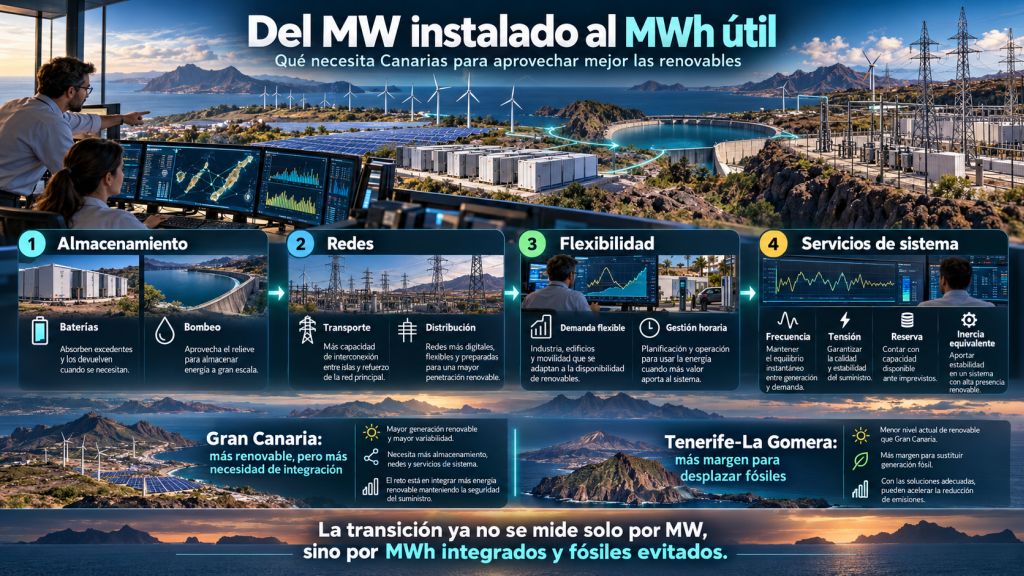 Infografía sobre almacenamiento, redes, flexibilidad y servicios de sistema necesarios para convertir más potencia renovable en energía útil en Canarias.