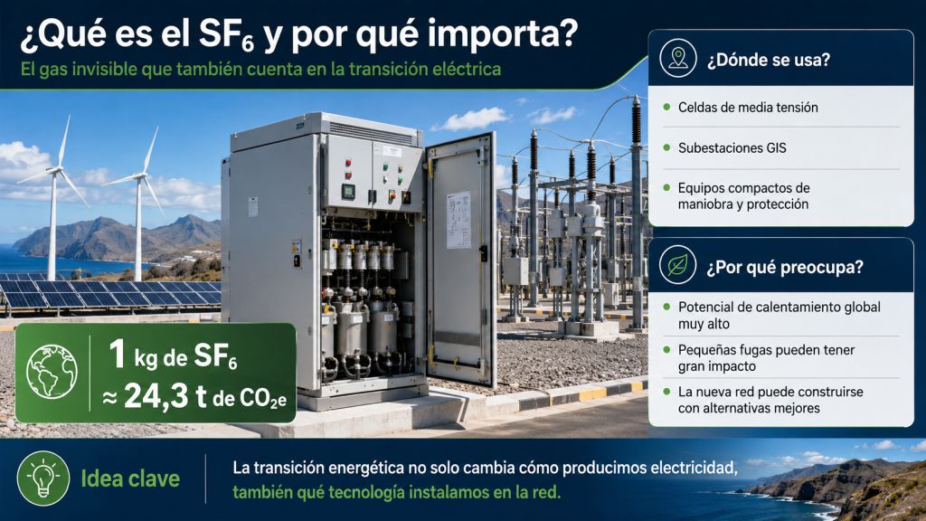 Infografía sobre el SF₆ en la red eléctrica, sus usos en media tensión y su elevado potencial de calentamiento global.