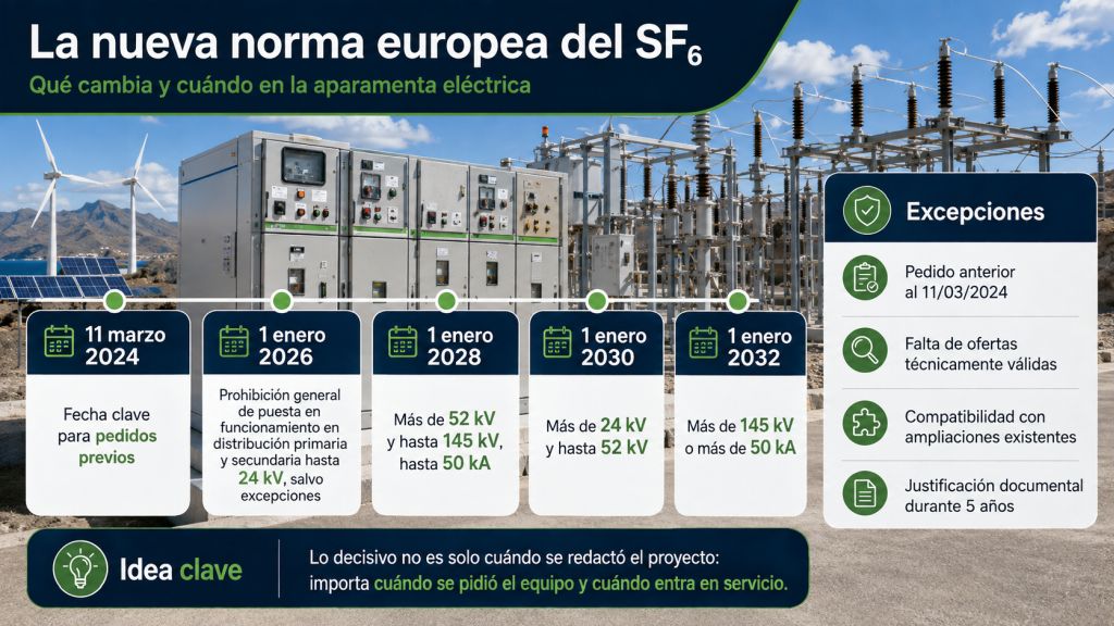 Infografía con el calendario europeo de restricciones al SF₆ en la aparamenta eléctrica y las principales excepciones previstas por la normativa.