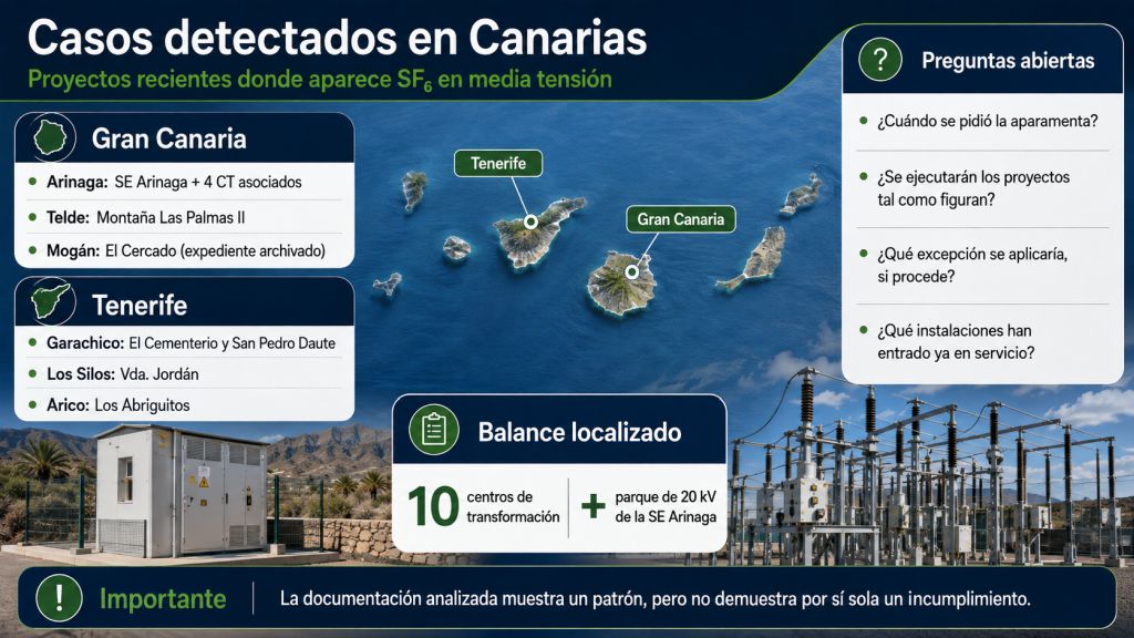 Infografía con proyectos recientes de Gran Canaria y Tenerife donde aparece SF₆ en media tensión, junto con las principales preguntas aún abiertas.