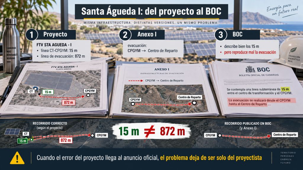 Comparación entre el proyecto FTV STA AGUEDA-I, su Anexo I y el anuncio del BOC, destacando la diferencia entre una línea de 15 metros y otra de 872 metros.