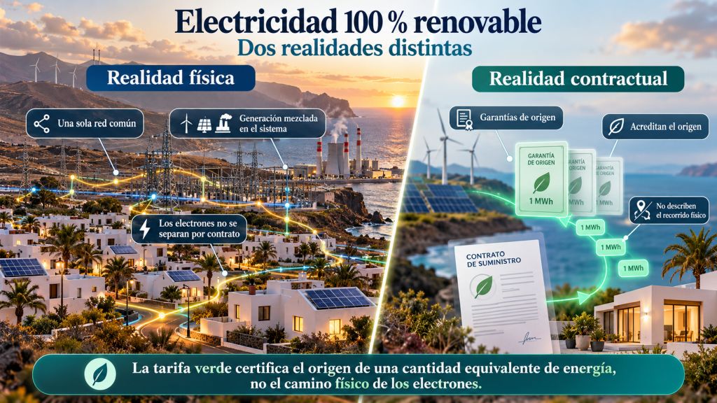 Infografía sobre electricidad 100 % renovable que compara la realidad física de la red eléctrica con la realidad contractual de las garantías de origen.