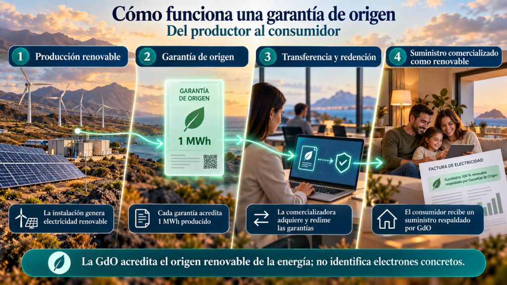 Infografía que explica cómo funciona una garantía de origen desde la producción renovable hasta su redención y asignación al consumidor.
