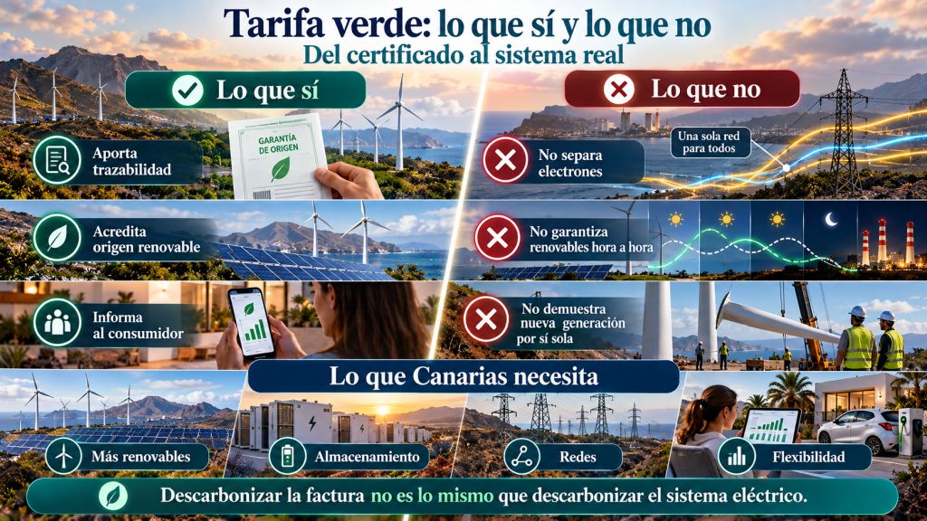 Infografía sobre una tarifa verde que muestra qué garantizan las garantías de origen y qué necesita Canarias para descarbonizar su sistema eléctrico.