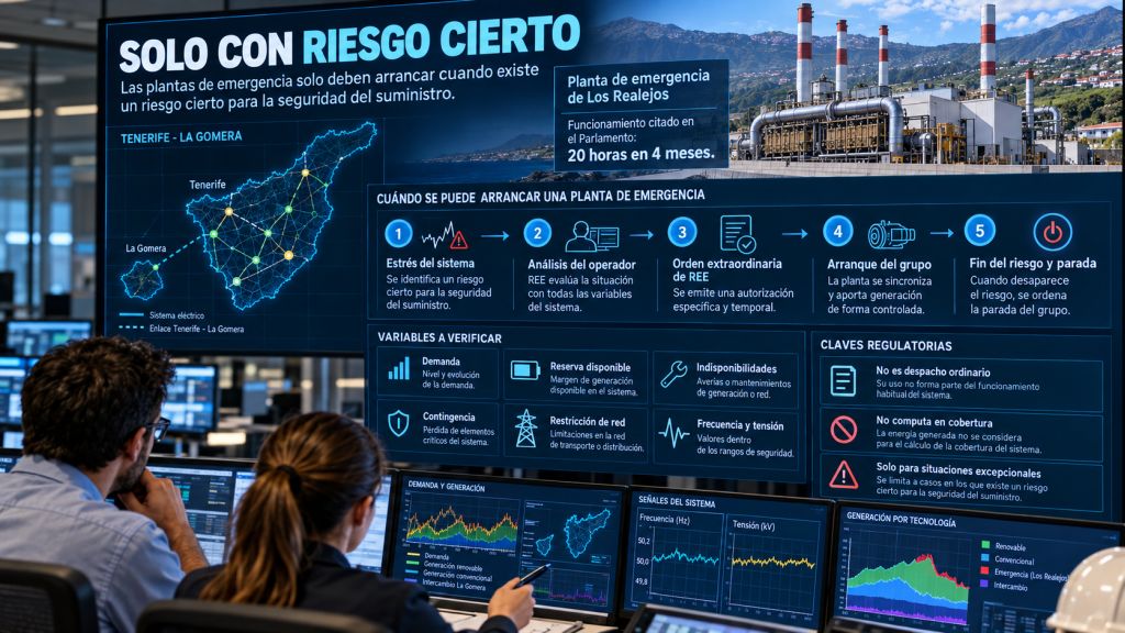 Infografía sobre las condiciones de riesgo cierto que permiten ordenar el arranque de una planta de emergencia en el sistema eléctrico Tenerife-La Gomera.