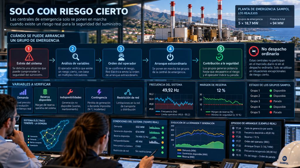 Infografía que explica el proceso operativo para arrancar una planta de emergencia, desde la detección del riesgo hasta la orden del operador del sistema.