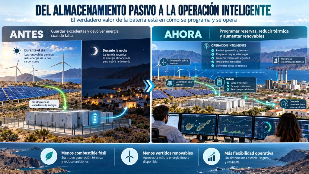 Comparación entre el almacenamiento eléctrico tradicional, que guarda excedentes renovables, y su operación inteligente para reducir generación térmica y mejorar la integración renovable.