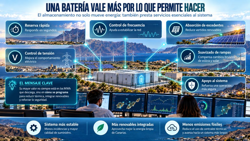 Infografía sobre los servicios del almacenamiento eléctrico en Canarias: regulación de frecuencia, reservas rápidas, control de tensión y mayor aprovechamiento renovable.