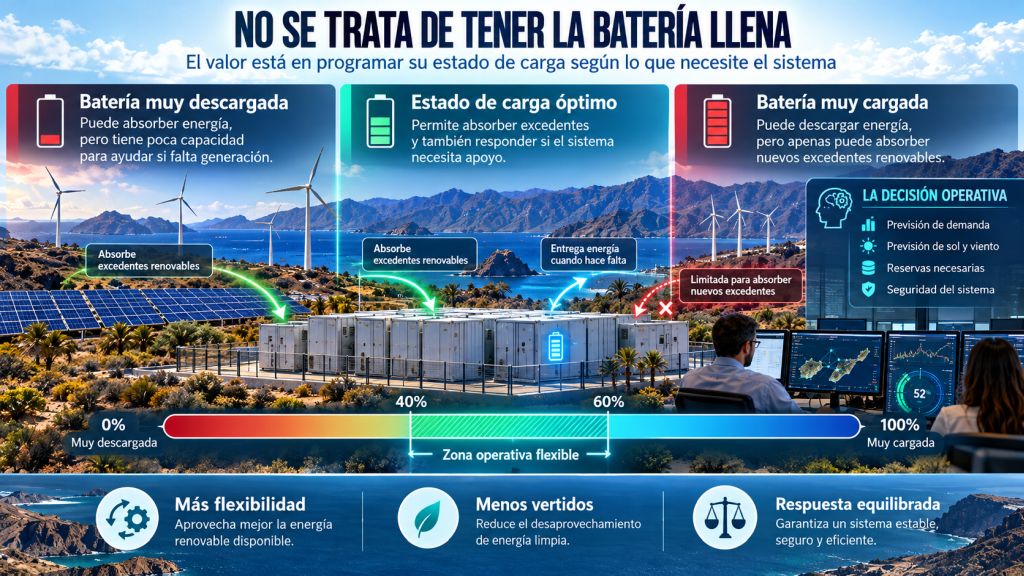 Representación de los estados de carga de una batería y la importancia de programar su capacidad para absorber excedentes renovables o responder ante déficits de generación.