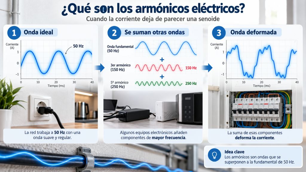 Infografía que muestra una onda eléctrica ideal de 50 Hz, la suma de armónicos y la deformación resultante de la corriente.