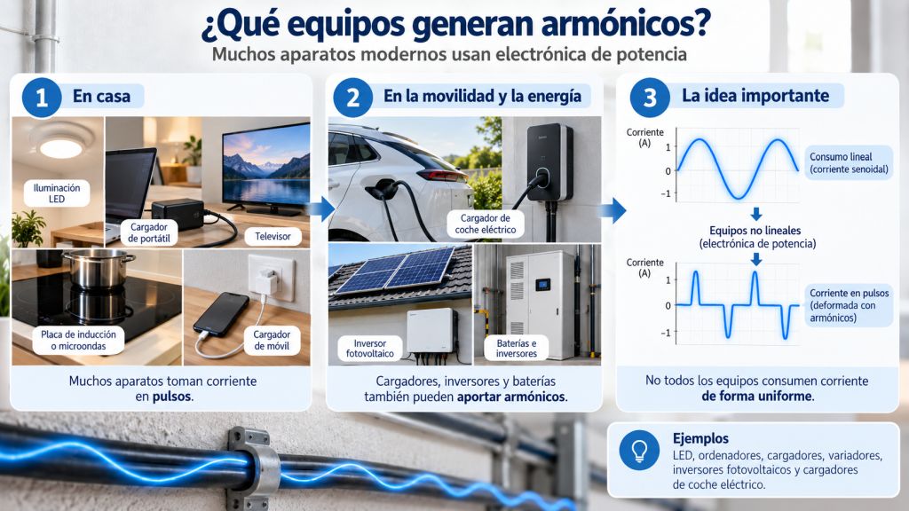 Infografía con equipos domésticos, cargadores, inversores fotovoltaicos y baterías que pueden generar armónicos eléctricos.