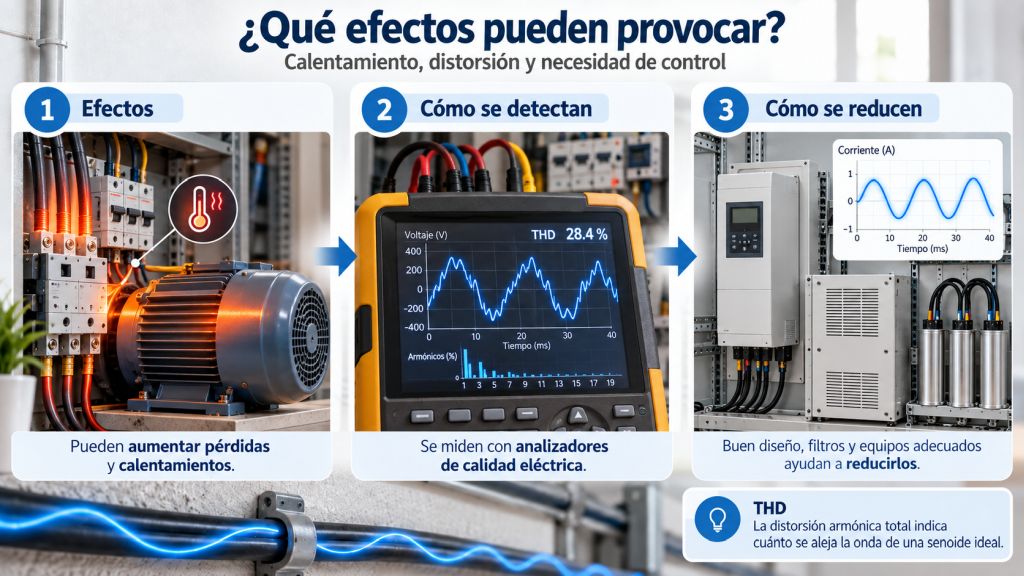 Infografía sobre los efectos de los armónicos eléctricos, su medición mediante analizadores de calidad y las formas de reducirlos.