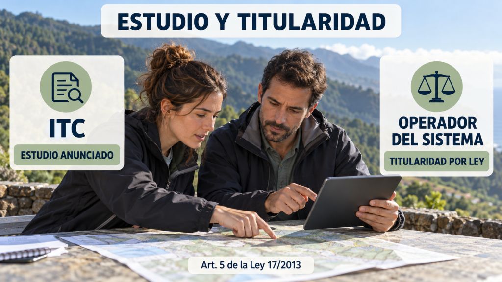 Dos ingenieros consultan un plano y una tableta. La infografía distingue el estudio anunciado al ITC de la titularidad que el artículo 5 de la Ley 17/2013 asigna al operador del sistema.