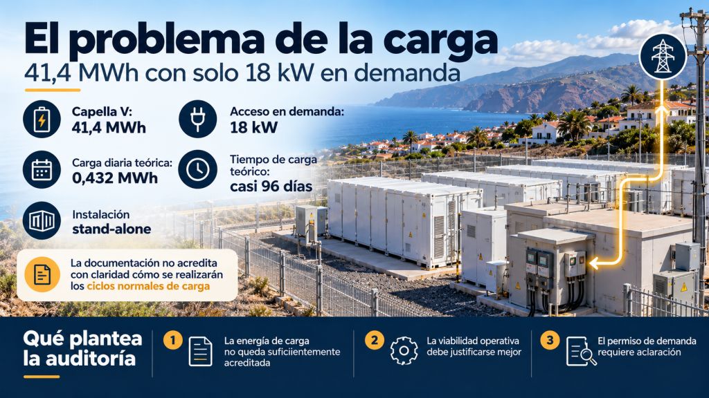 Infografía del BESS Capella V que compara sus 41,4 MWh de capacidad con un acceso en demanda de solo 18 kW.