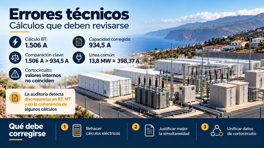 Infografía sobre errores y discrepancias técnicas detectadas en los cálculos eléctricos de los proyectos BESS de Los Realejos.