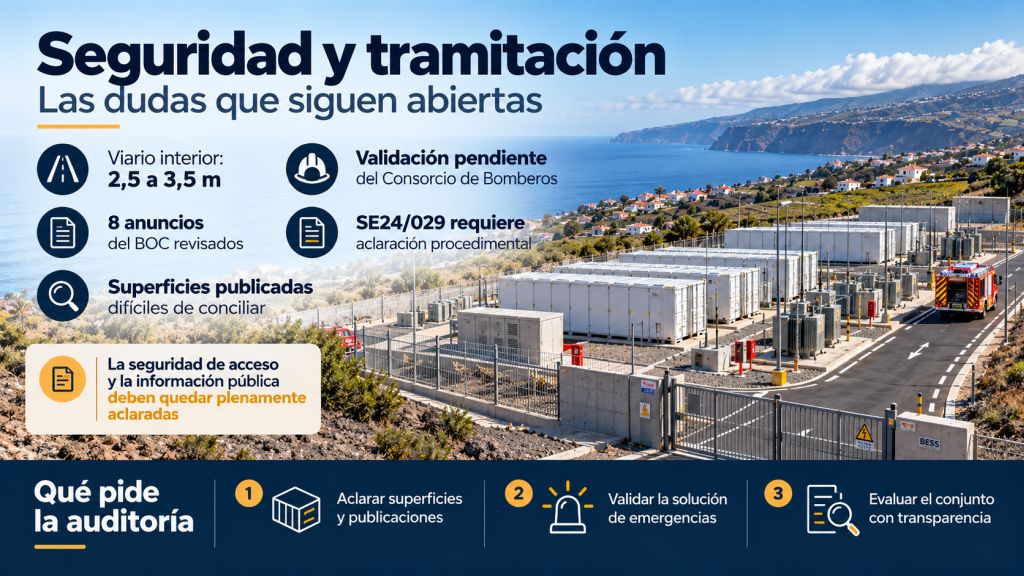 Infografía sobre seguridad, accesos, superficies publicadas y cuestiones pendientes de tramitación en los BESS de Los Realejos.