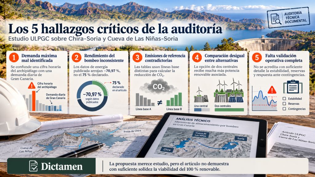 Infografía con cinco hallazgos críticos del estudio de la ULPGC sobre Cueva de Las Niñas-Soria: demanda, rendimiento, emisiones, comparación de alternativas y validación operativa.