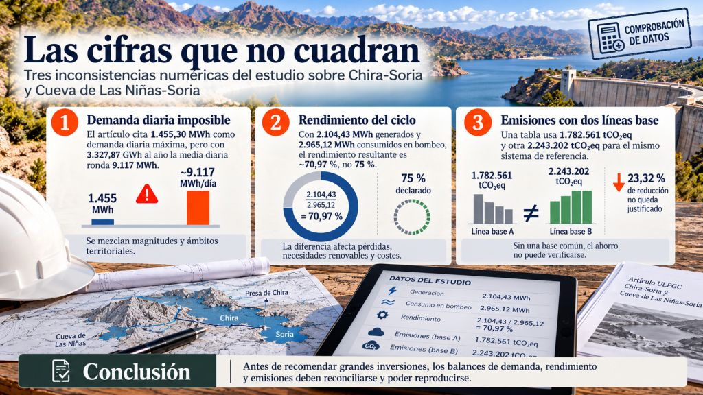 Infografía que compara los errores e inconsistencias del estudio: demanda diaria de 1.455 MWh, rendimiento del bombeo del 70,97 % y diferencias en las emisiones de CO₂.