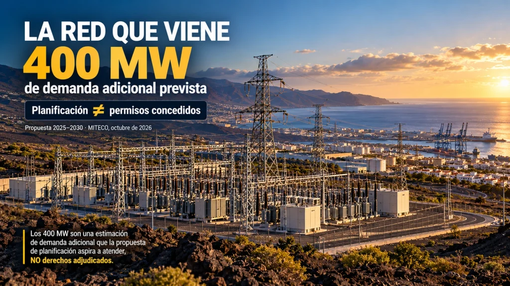 Infografía fotorrealista sobre los 400 MW de demanda eléctrica adicional previstos en Canarias, con una subestación de transporte y las nuevas infraestructuras de planificación.
