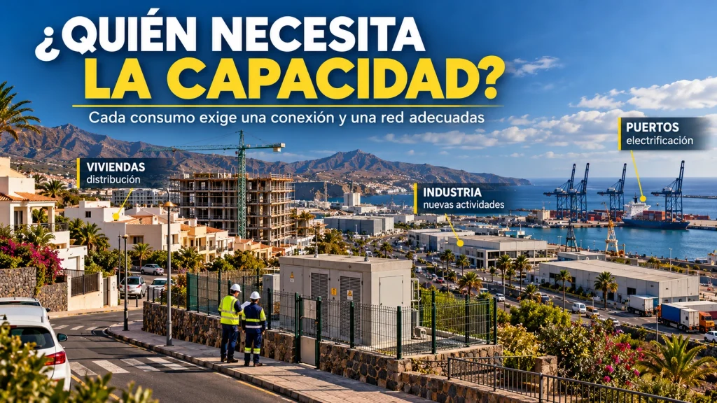 Infografía fotorrealista que muestra las necesidades de conexión eléctrica de viviendas, industrias y puertos de Canarias, y su relación con el desarrollo económico.