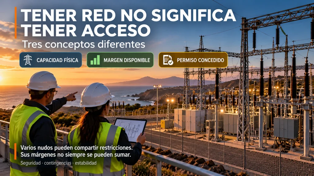 Infografía sobre las diferencias entre capacidad física de la red, margen disponible y permisos de acceso, ilustrada con técnicos examinando una subestación eléctrica.
