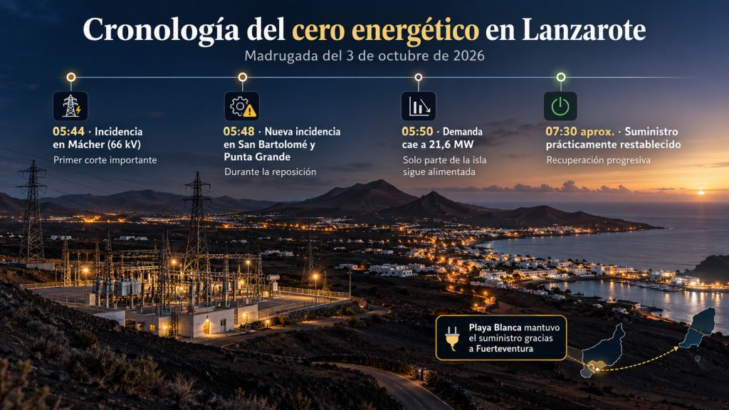 Cronología del cero energético en Lanzarote entre la incidencia de Mácher y la recuperación progresiva del suministro