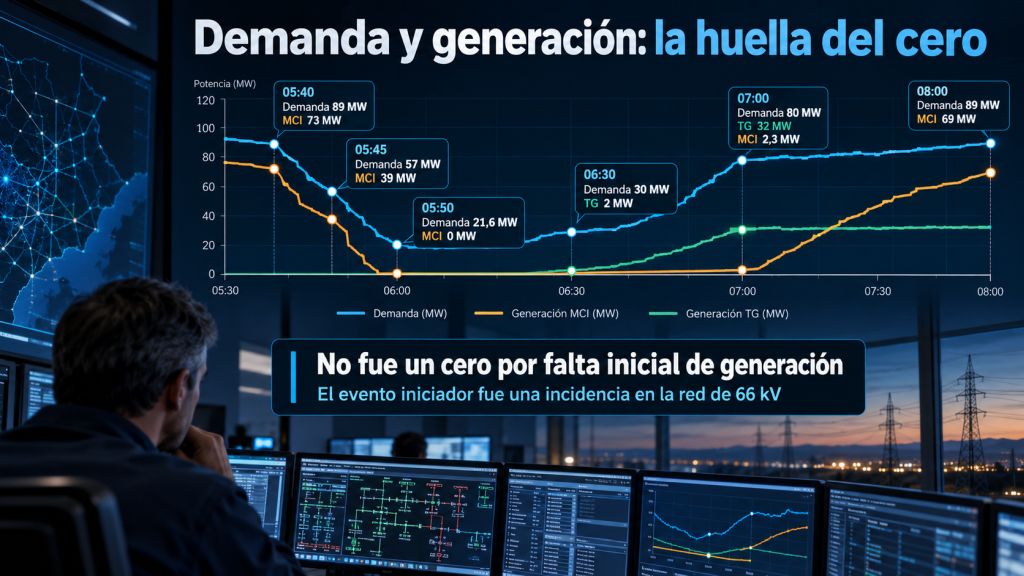 Evolución de la demanda y la generación durante el cero energético en Lanzarote, con caída de los motores hasta 0 MW