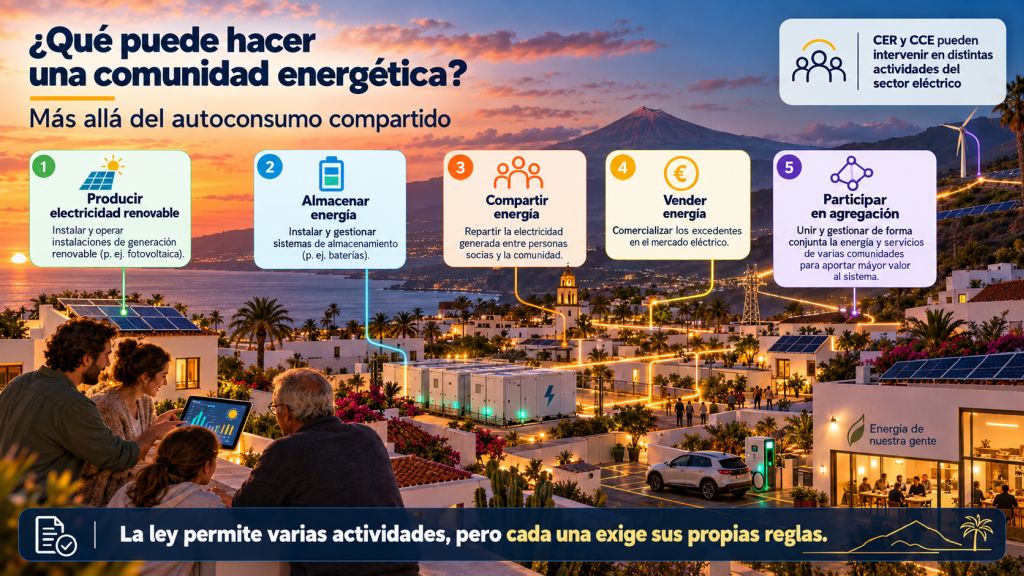 Infografía sobre las cinco actividades de una comunidad energética en Tenerife: producir electricidad renovable, almacenar energía, compartirla, venderla y participar en servicios de agregación.