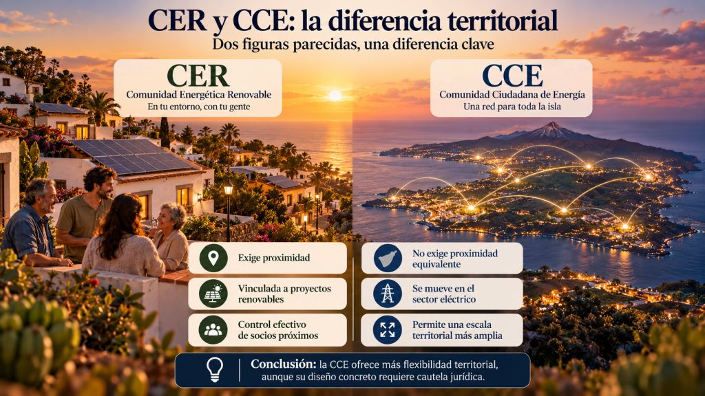 CER y CCE: Comparativa visual entre una Comunidad de Energías Renovables, vinculada a la proximidad de sus proyectos, y una Comunidad Ciudadana de Energía con mayor flexibilidad territorial en Tenerife.