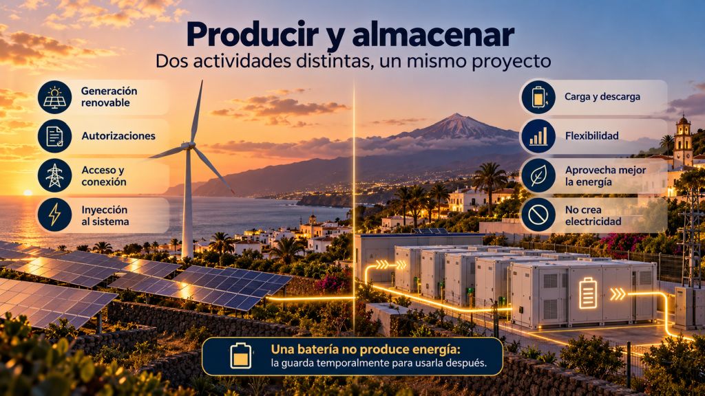 Comparación entre generación renovable mediante paneles solares y aerogeneradores y almacenamiento eléctrico con baterías, mostrando sus diferentes funciones en una comunidad energética.