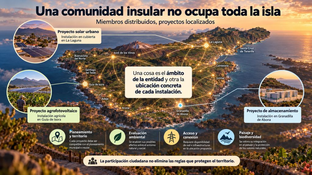 Escala de la comunidad y proyectos: Mapa visual de Tenerife con miembros distribuidos por distintos municipios y proyectos solares, agrovoltaicos y de almacenamiento localizados en puntos concretos de la isla.
