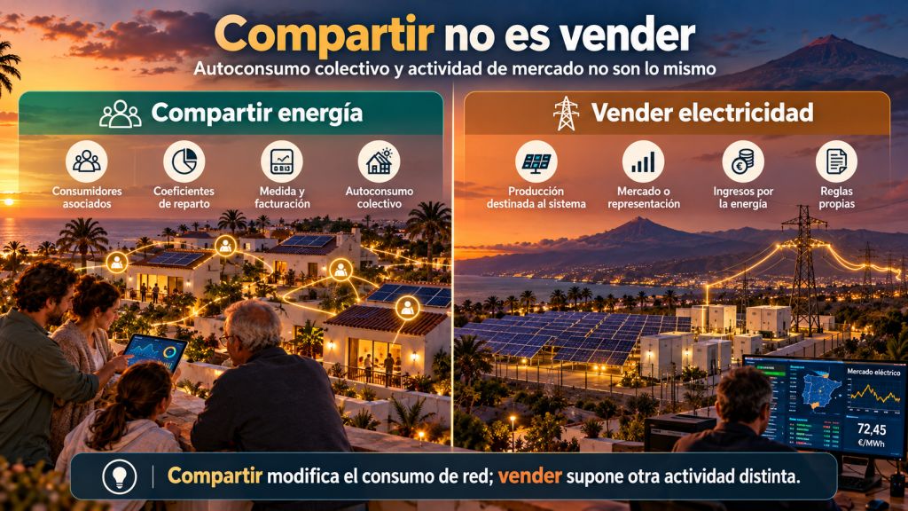 Infografía que compara el autoconsumo colectivo, con consumidores asociados y coeficientes de reparto, con la venta de electricidad mediante los mecanismos del mercado eléctrico.