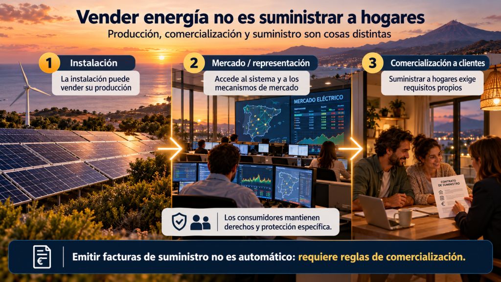 Infografía de las diferencias entre producir electricidad renovable, venderla mediante representación en el mercado y suministrarla a hogares mediante una comercializadora autorizada.