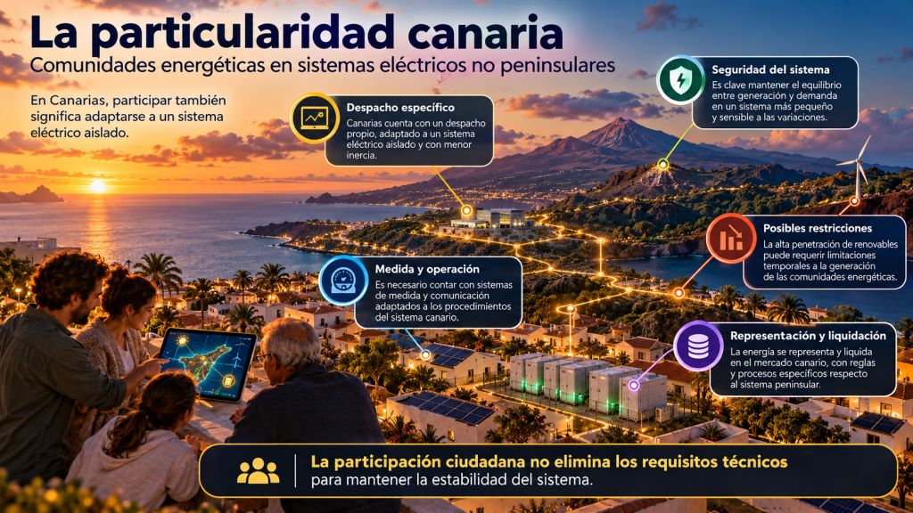 Infografía sobre las exigencias de las comunidades energéticas en Canarias: despacho eléctrico específico, seguridad del suministro, restricciones de generación, medida, operación y liquidación económica.