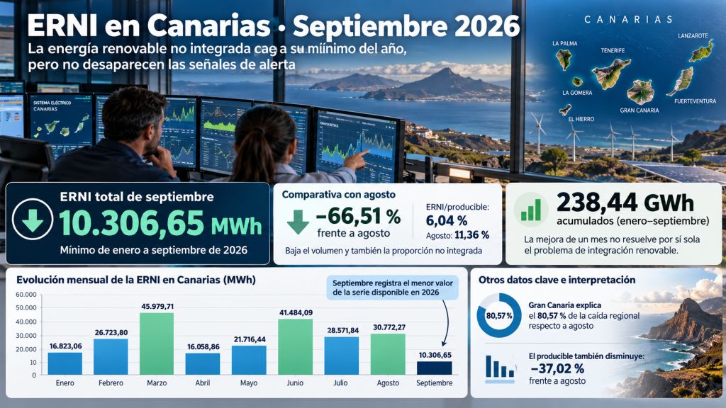 Evolución mensual de la ERNI en Canarias durante 2026, con una caída del 66,51 % en septiembre y un acumulado de 238,44 GWh.