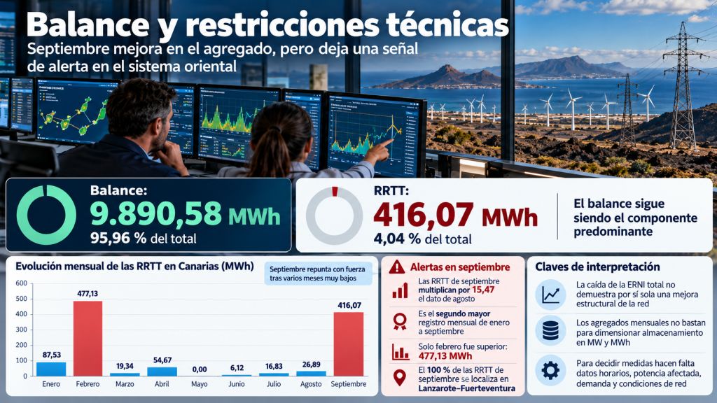 Análisis de la ERNI en Canarias en septiembre de 2026: 9.890,58 MWh por balance y 416,07 MWh por restricciones técnicas en Lanzarote-Fuerteventura.