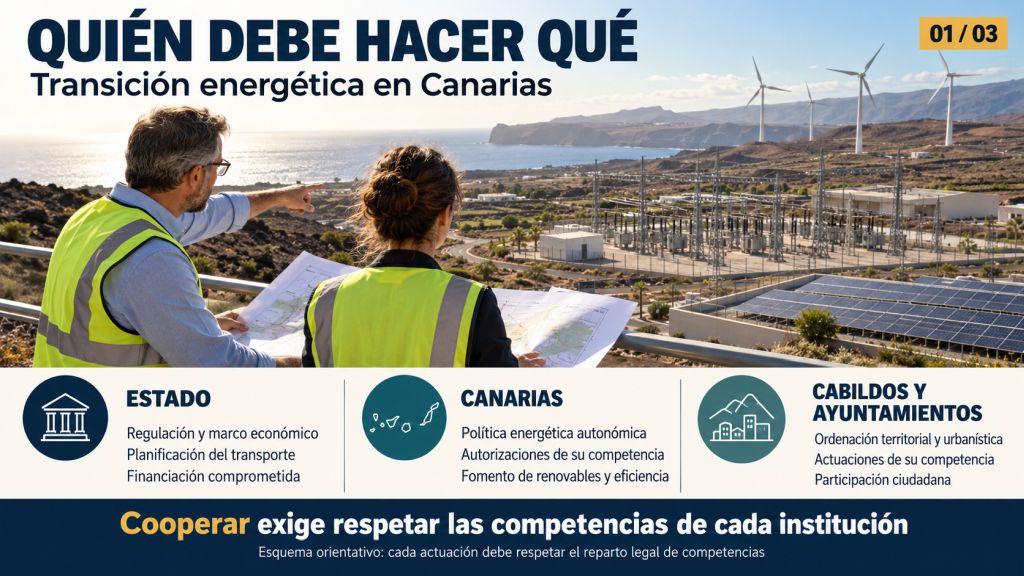 Reparto de responsabilidades en la transición energética canaria entre el Estado, Canarias, cabildos y ayuntamientos, respetando las competencias de cada institución.