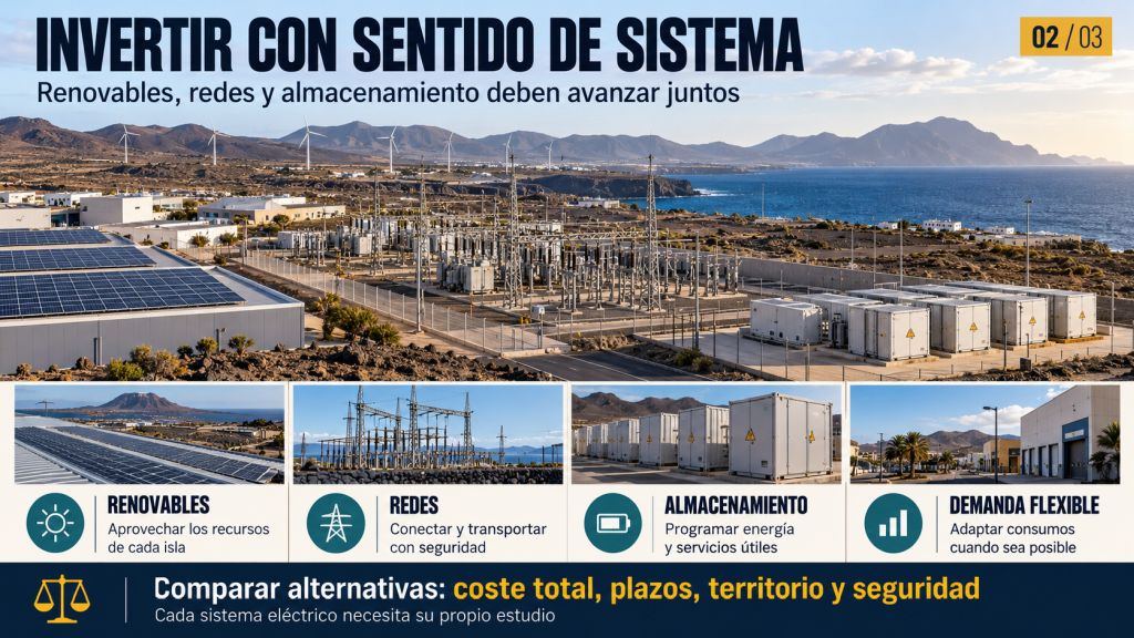Coordinación de renovables, redes, almacenamiento y demanda flexible en Canarias, comparando costes, plazos, territorio y seguridad de cada solución.