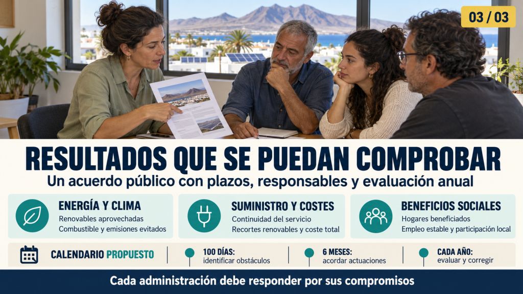 Indicadores energéticos y sociales para evaluar la transición en Canarias, con un calendario propuesto para identificar obstáculos, acordar actuaciones y revisar resultados.