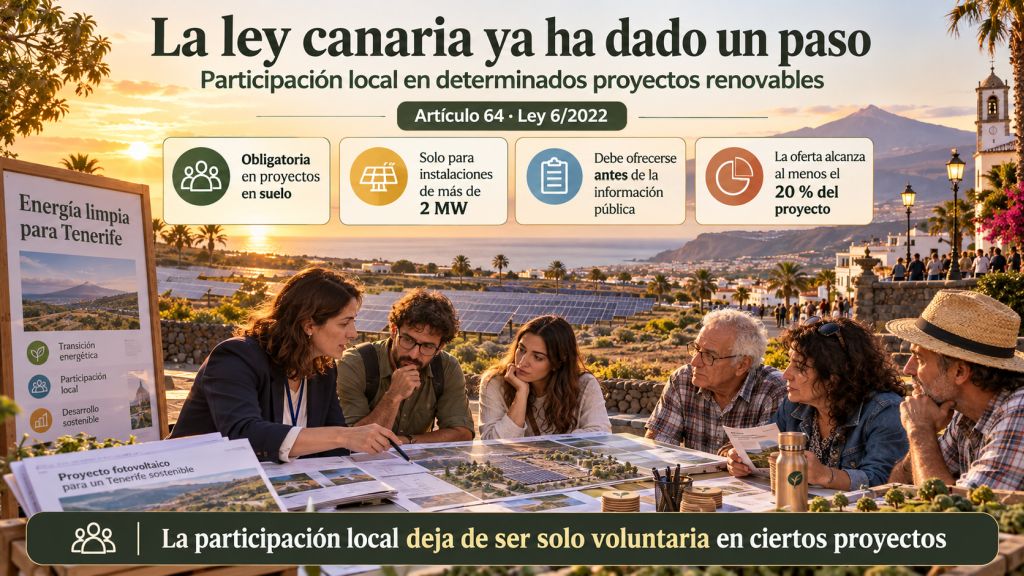 Infografía sobre el artículo 64 de la Ley 6/2022 de Canarias, que exige ofrecer al menos un 20 % de participación local en determinados proyectos renovables en suelo de más de 2 MW.