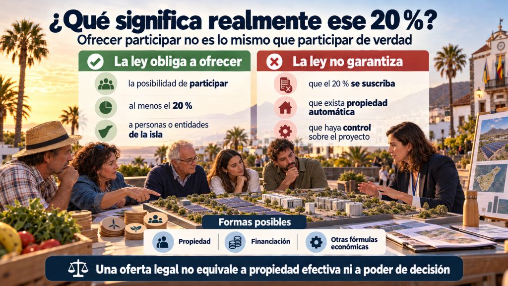 Comparativa visual que explica cómo la obligación de ofrecer un 20 % de participación local en proyectos renovables no garantiza su adquisición, la propiedad efectiva ni el control sobre la instalación.