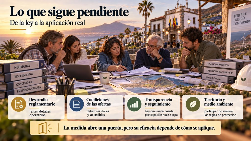 Infografía sobre los retos de la participación local renovable en Canarias: desarrollo reglamentario, condiciones de las ofertas, transparencia, seguimiento y protección del territorio.