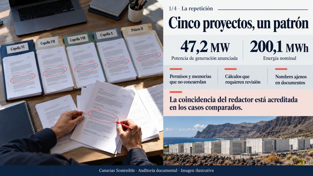 Cinco proyectos BESS de Buenavista suman 47,2 MW y 200,1 MWh nominales y presentan contradicciones entre permisos, memorias, cálculos e identificación documental.