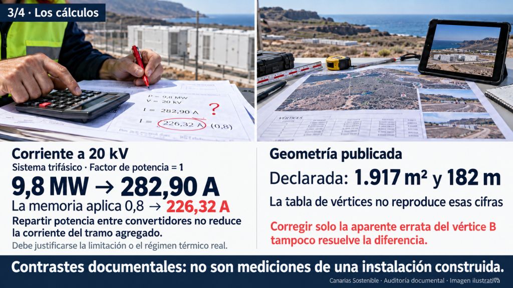 Contraste de corriente trifásica a 20 kV y factor de potencia unidad: 282,90 A frente a los 226,32 A reducidos por la memoria. Las coordenadas tampoco reproducen los 1.917 m² y 182 metros declarados.