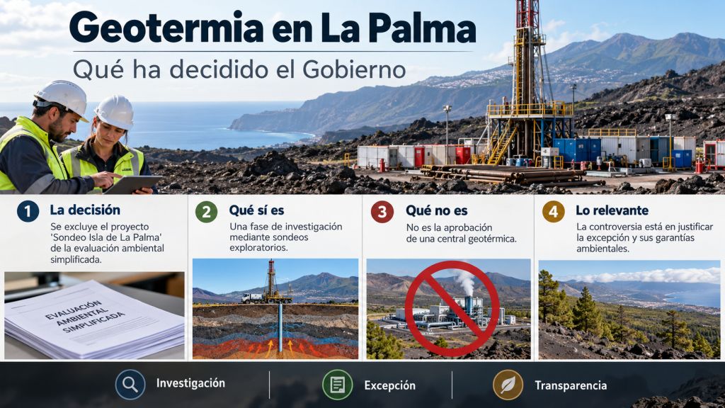 Infografía sobre la geotermia en La Palma que explica la exclusión de los sondeos exploratorios de la evaluación ambiental simplificada.