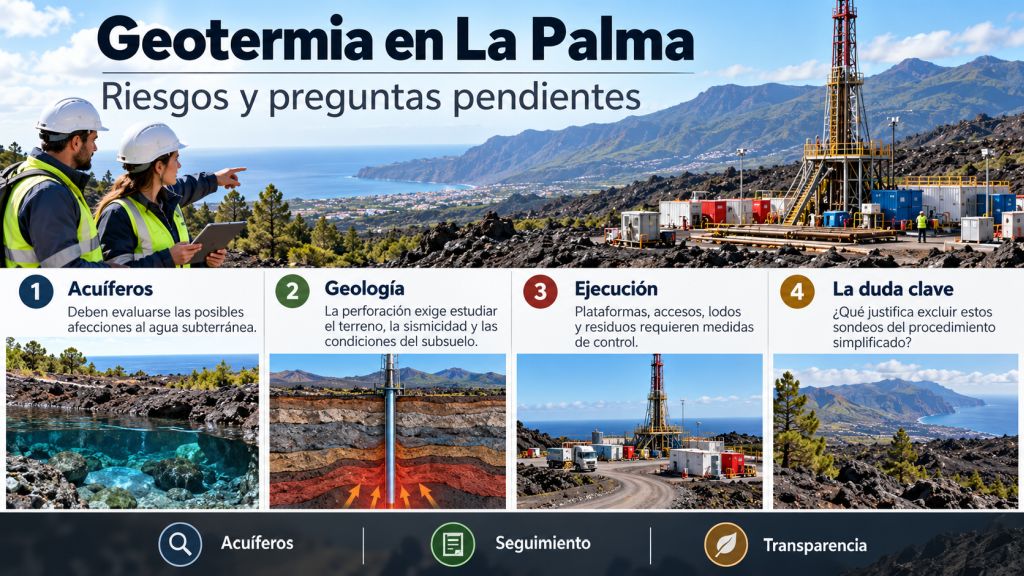 Infografía sobre los riesgos ambientales de la geotermia en La Palma, con especial atención a los acuíferos, la geología y las perforaciones.