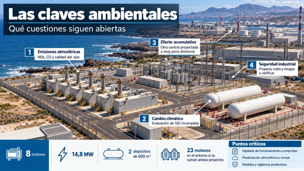 Infografía sobre la evaluación ambiental de El Goro que identifica las emisiones atmosféricas, el cambio climático, los efectos acumulativos y los riesgos industriales.